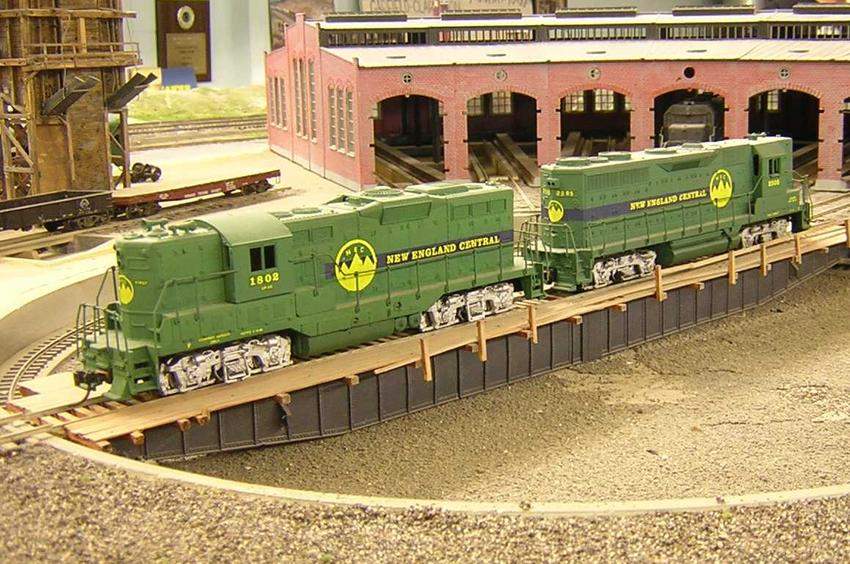 Photo of NECR GP9r #1802 and GP35 #2505 on GT's turntable