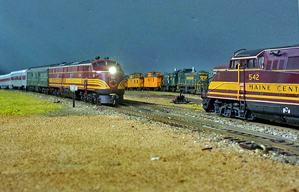 Photo of a meet between two Maine Central trains