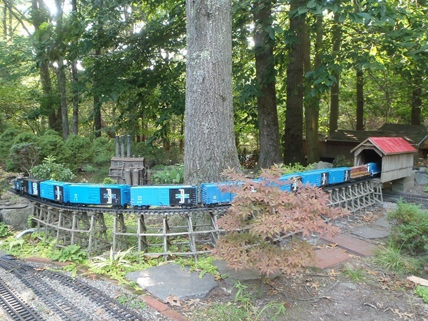 Photo of B&M with a blue train.